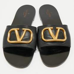 Pre Owned Valentino Black Leather VLogo Flat Slides Size 40