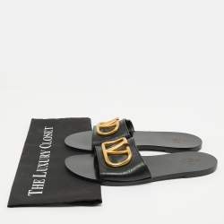 Pre Owned Valentino Black Leather VLogo Flat Slides Size 40