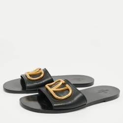 Pre Owned Valentino Black Leather VLogo Flat Slides Size 40