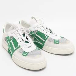 Pre Owned Valentino White/Green Leather and Mesh VLTN Low Top Sneakers Size 44