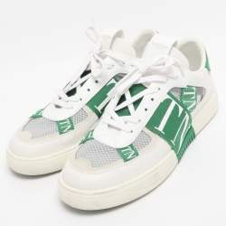 Pre Owned Valentino White/Green Leather and Mesh VLTN Low Top Sneakers Size 44