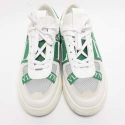 Pre Owned Valentino White/Green Leather and Mesh VLTN Low Top Sneakers Size 44