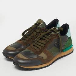 Pre Owned Valentino Rockrunner Size 43 Green Canvas, Leather and Suede Lace Up Sneakers
