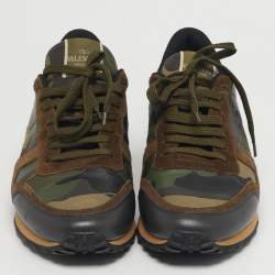 Pre Owned Valentino Rockrunner Size 43 Green Canvas, Leather and Suede Lace Up Sneakers