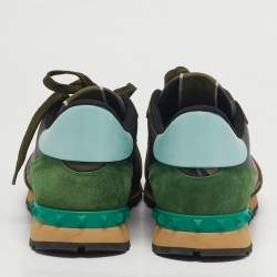 Pre Owned Valentino Rockrunner Size 43 Green Canvas, Leather and Suede Lace Up Sneakers