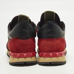 Pre Owned حذاء رياضي فالنتينو روكرانر سويدي وجلد وقماش مموه كاموفلاج أحمر مقاس 41