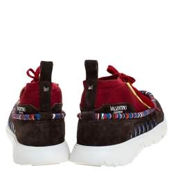 Pre Owned Valentino Multicolor Knit Fabric, Suede And Patent Rockstud Lace Up Sneakers Size 45