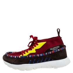 Pre Owned Valentino Multicolor Knit Fabric, Suede And Patent Rockstud Lace Up Sneakers Size 45