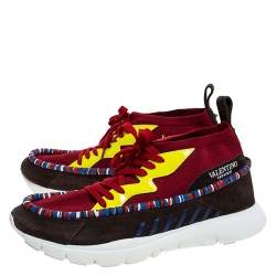 Pre Owned Valentino Multicolor Knit Fabric, Suede And Patent Rockstud Lace Up Sneakers Size 45