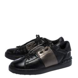 Pre Owned Valentino Black Leather Rockstud Lace Low Top Sneakers Size 43