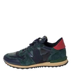 Valentino Blue/Green Camouflage Canvas And Suede Leather Rockrunner Low Top Sneakers Size 43