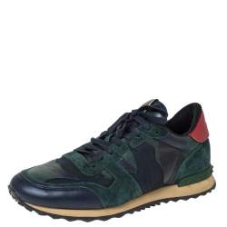 Valentino Blue/Green Camouflage Canvas And Suede Leather Rockrunner Low Top Sneakers Size 43