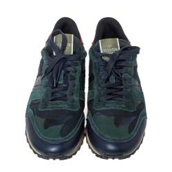 Valentino Blue/Green Camouflage Canvas And Suede Leather Rockrunner Low Top Sneakers Size 43
