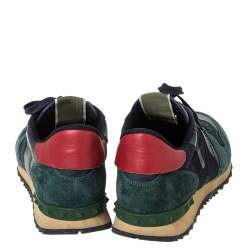 Valentino Blue/Green Camouflage Canvas And Suede Leather Rockrunner Low Top Sneakers Size 43