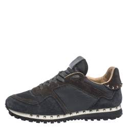 Valentino Dark Blue/Grey Suede And Camo Nylon Rockstud Sneakers Size 40