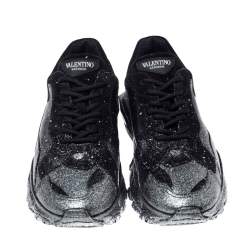 Valentino Black Leather And Suede Spray Effect Bounce Low Top Lace Up Sneakers Size 41