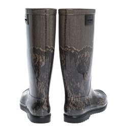 Pre Owned Valentino Grey/Black Lace Print Rubber Rain Boots Size 39