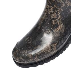 Pre Owned Valentino Grey/Black Lace Print Rubber Rain Boots Size 39