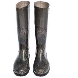 Pre Owned Valentino Grey/Black Lace Print Rubber Rain Boots Size 39