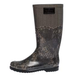 Pre Owned Valentino Grey/Black Lace Print Rubber Rain Boots Size 39
