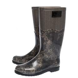 Pre Owned Valentino Grey/Black Lace Print Rubber Rain Boots Size 39