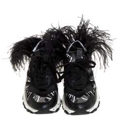 Pre Owned Valentino Black Camouflage Leather and Mesh Feather Bounce Sneakers Size 40