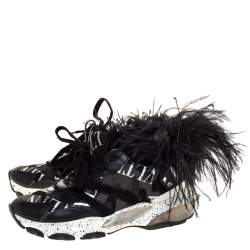 Pre Owned Valentino Black Camouflage Leather and Mesh Feather Bounce Sneakers Size 40