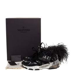 Pre Owned Valentino Black Camouflage Leather and Mesh Feather Bounce Sneakers Size 40