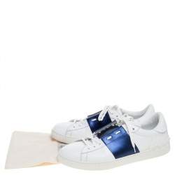 مملوكة مسبقًا حذاء رياضي فالنتينو جلد أبيض وأزرق كحلي عنق منخفض مقاس 45