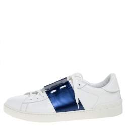 مملوكة مسبقًا حذاء رياضي فالنتينو جلد أبيض وأزرق كحلي عنق منخفض مقاس 45