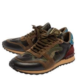 Pre Owned Valentino Multicolor Suede And Leather Camouflage Rockrunner Low Top Sneakers Size 43.5