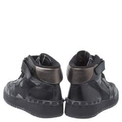 Pre Owned Valentino Black Leather And Canvas Camouflage High Top Sneakers Size 44