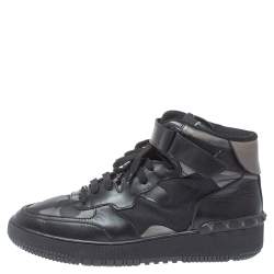 Pre Owned Valentino Black Leather And Canvas Camouflage High Top Sneakers Size 44