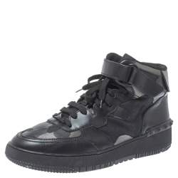 Pre Owned Valentino Black Leather And Canvas Camouflage High Top Sneakers Size 44
