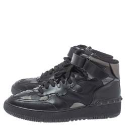 Pre Owned Valentino Black Leather And Canvas Camouflage High Top Sneakers Size 44