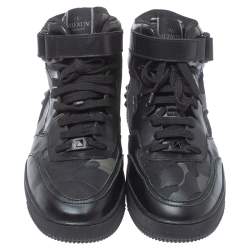 Pre Owned Valentino Black Leather And Canvas Camouflage High Top Sneakers Size 44