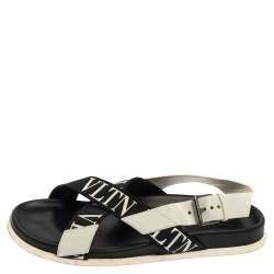 Valentino Black/White Leather And Nylon Logo Print Cross Strap Sandals Size 40