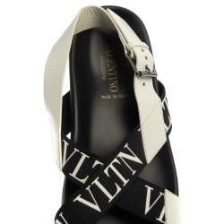 Valentino Black/White Leather And Nylon Logo Print Cross Strap Sandals Size 40