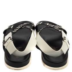 Valentino Black/White Leather And Nylon Logo Print Cross Strap Sandals Size 40