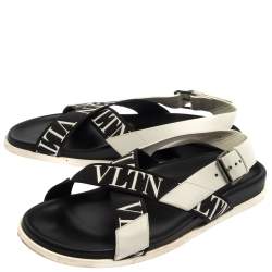 Valentino Black/White Leather And Nylon Logo Print Cross Strap Sandals Size 40