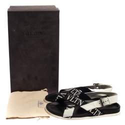Valentino Black/White Leather And Nylon Logo Print Cross Strap Sandals Size 40