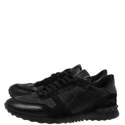 Pre Owned Valentino Black Leather And Suede RockRunner Low Top Sneakers Size 42