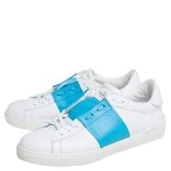 Valentino White/Blue Leather Rockstud Sneakers Size 42