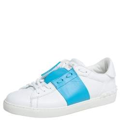 Valentino White/Blue Leather Rockstud Sneakers Size 42