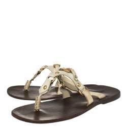 Pre Owned Valentino Cream Leather V Logo Flat Thong Sandals Size 41