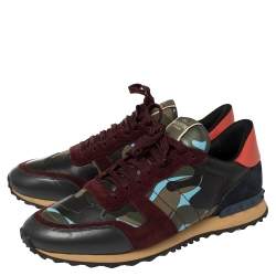 مملوكة مسبقًا Valentino Multicolor Camouflage Canvas, Suede, and Leather Rockrunner Low Top Sneakers Size 46