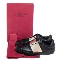 Valentino Black/Metallic Gold Band Leather Open Low Top Sneakers Size 41