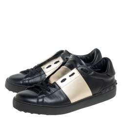 Valentino Black/Metallic Gold Band Leather Open Low Top Sneakers Size 41