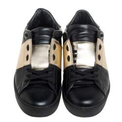 Valentino Black/Metallic Gold Band Leather Open Low Top Sneakers Size 41