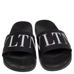 Pre Owned Valentino Black/White Rubber VLTN Flat Slides Size 42
